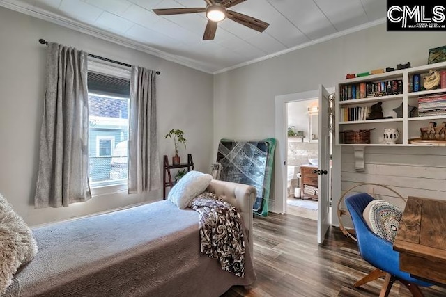 bedroom featuring ornamental molding, ceiling fan, and hardwood / wood-style floors