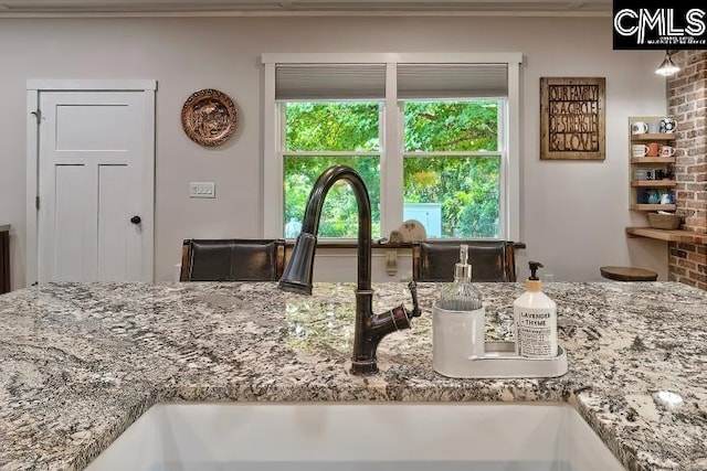 kitchen featuring light stone countertops, crown molding, and sink