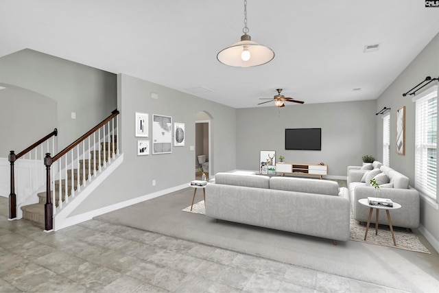 living room with ceiling fan