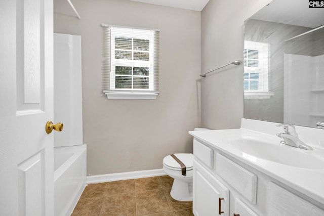 full bathroom featuring vanity, toilet, shower / bathing tub combination, and tile patterned floors