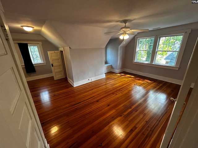 bonus room featuring lofted ceiling, ceiling fan, and hardwood / wood-style flooring