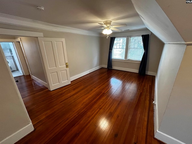 bonus room featuring ceiling fan, dark hardwood / wood-style floors, and vaulted ceiling