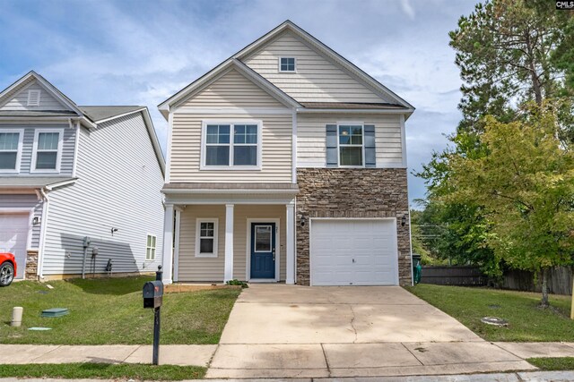 25 Eason Ct, Columbia, SC 29209 - view of front of house featuring covered porch, driveway, a front lawn, and stone siding
