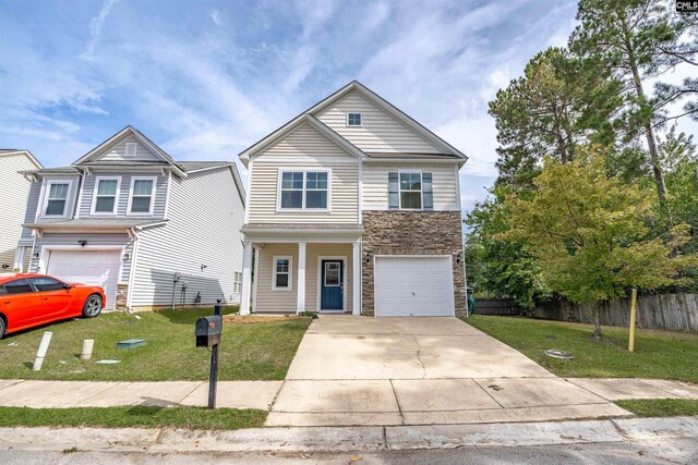 25 Eason Ct, Columbia, SC 29209 - view of front of home featuring driveway, a front yard, a garage, fence, and stone siding