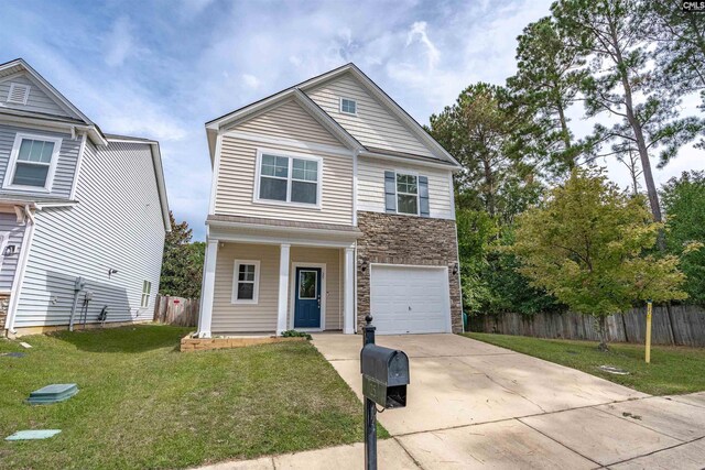 25 Eason Ct, Columbia, SC 29209 - traditional-style home with fence, concrete driveway, a front lawn, and stone siding