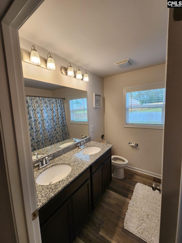 bathroom with hardwood / wood-style flooring, vanity, toilet, and curtained shower