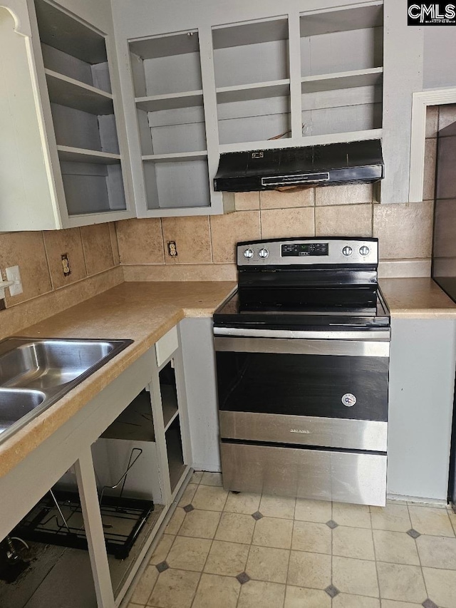 kitchen featuring decorative backsplash, stainless steel electric range, exhaust hood, and sink