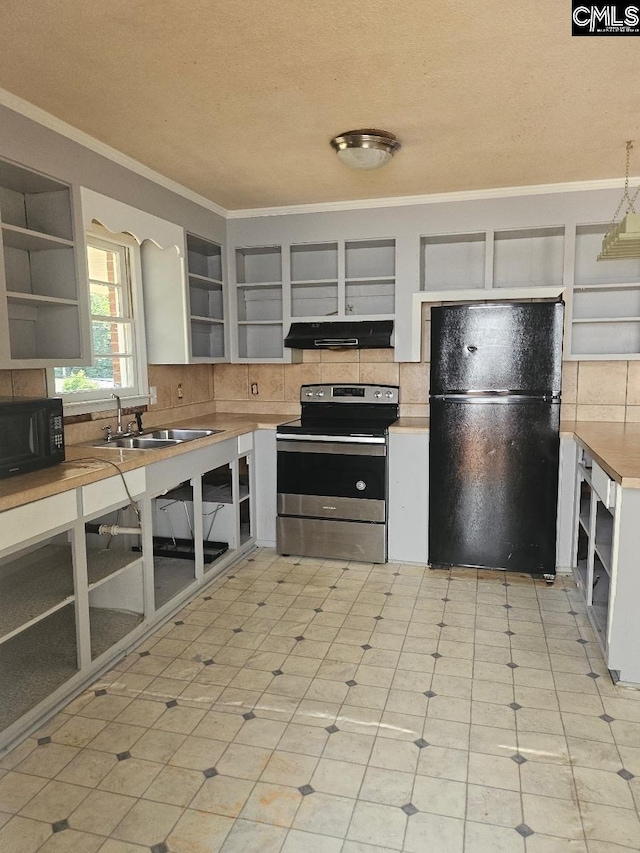 kitchen featuring crown molding, black appliances, decorative backsplash, and sink