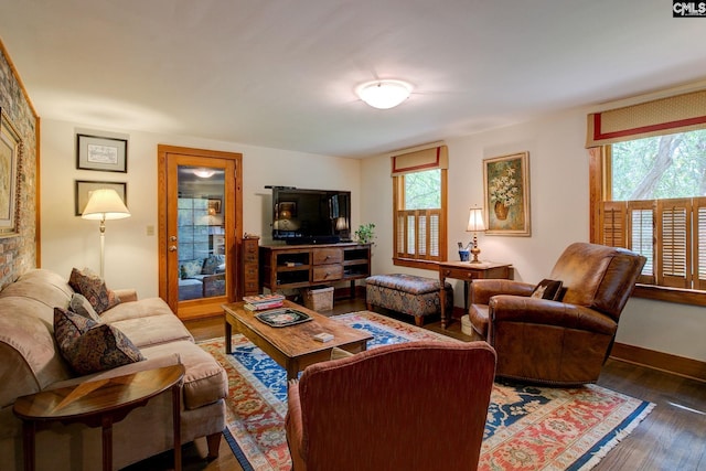 living room featuring dark wood-type flooring