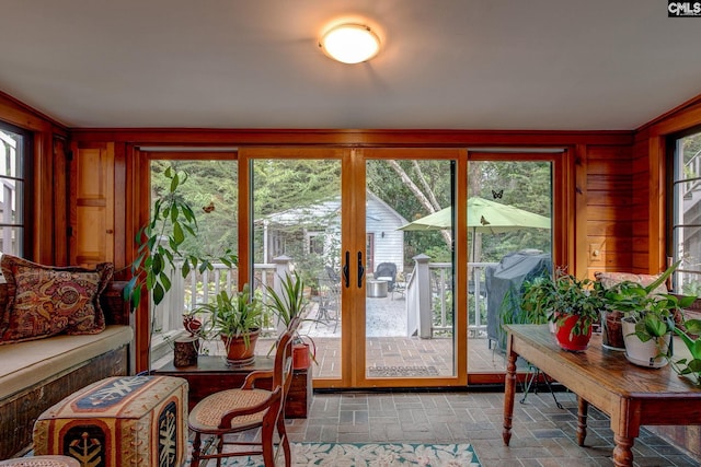 doorway to outside with wood walls and plenty of natural light