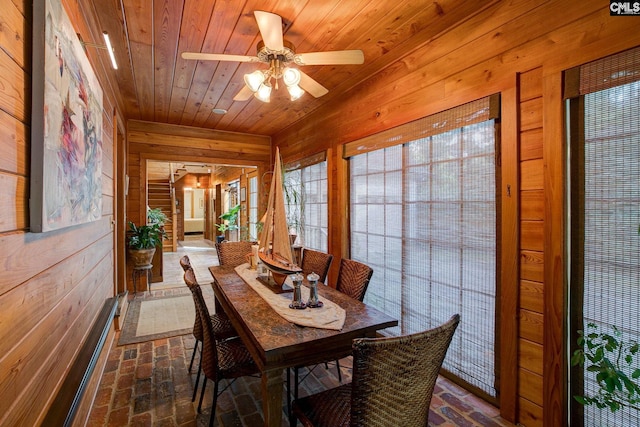 sunroom / solarium featuring wood ceiling and ceiling fan