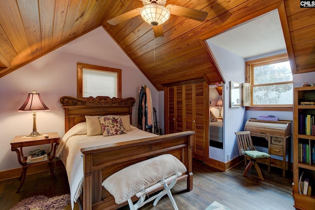 bedroom featuring ceiling fan, lofted ceiling, dark hardwood / wood-style flooring, and wooden ceiling