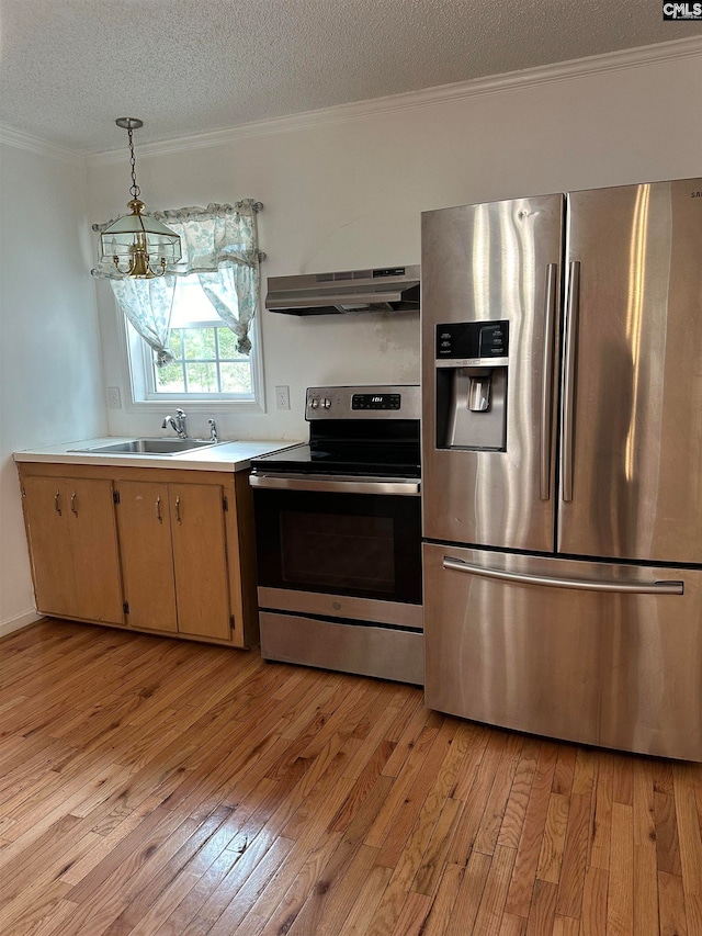 kitchen featuring appliances with stainless steel finishes, a textured ceiling, ventilation hood, light hardwood / wood-style flooring, and sink