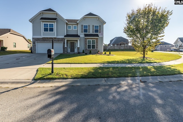 view of front facade featuring a front lawn and a garage