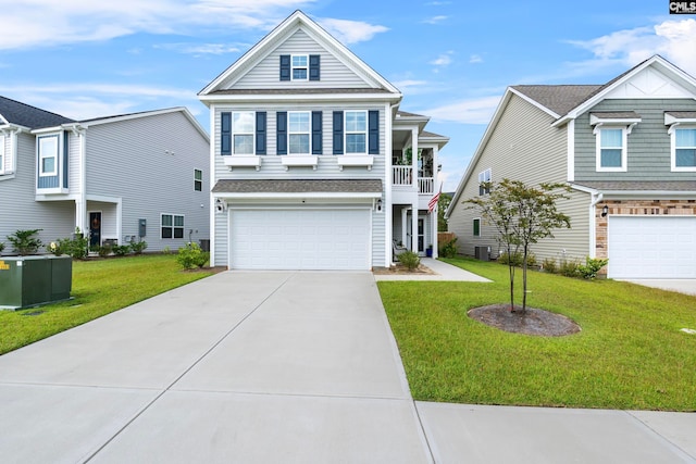 view of front of property with a garage, central air condition unit, and a front lawn