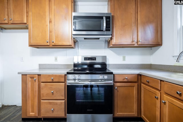 kitchen with appliances with stainless steel finishes, sink, and dark hardwood / wood-style flooring