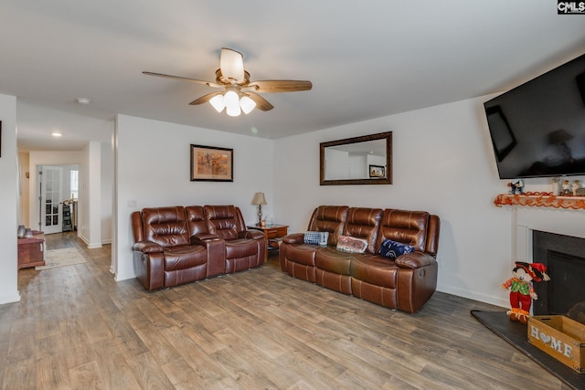 living room featuring wood-type flooring and ceiling fan