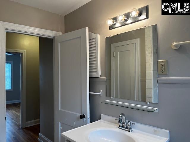 bathroom featuring vanity and hardwood / wood-style floors