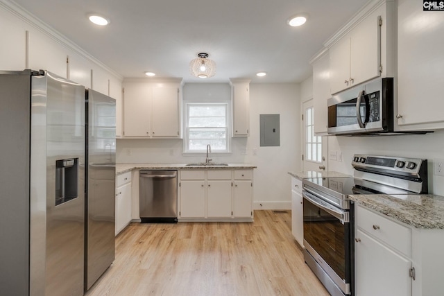 kitchen with electric panel, appliances with stainless steel finishes, light wood-type flooring, and white cabinetry