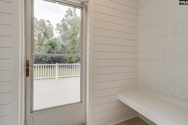 doorway featuring a healthy amount of sunlight and wooden walls