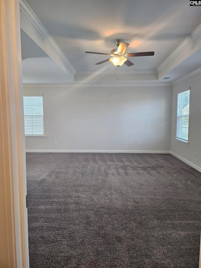 carpeted empty room featuring a tray ceiling, ceiling fan, plenty of natural light, and ornamental molding