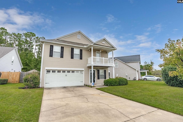 view of front of home with a balcony, a garage, and a front lawn