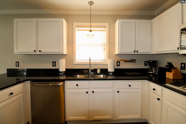 kitchen featuring pendant lighting, sink, white cabinetry, dishwasher, and crown molding