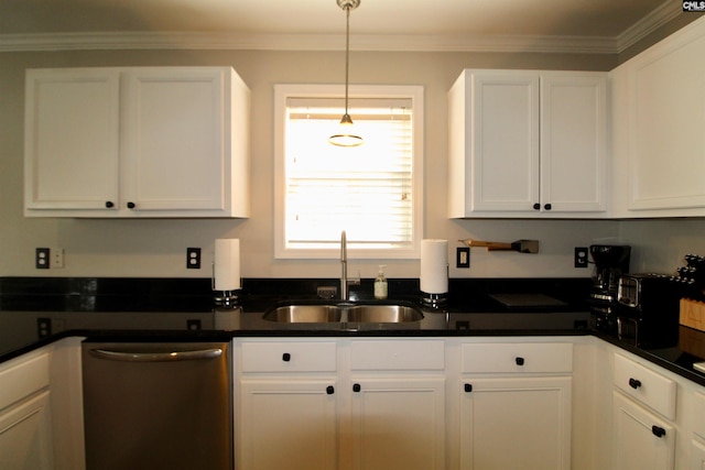 kitchen featuring pendant lighting, dishwasher, sink, white cabinetry, and ornamental molding