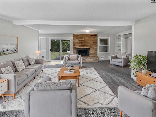 living room with a stone fireplace, light carpet, and beamed ceiling