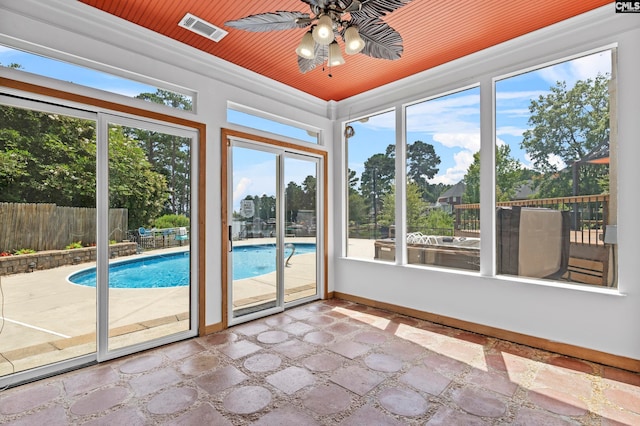 unfurnished sunroom featuring ceiling fan and wood ceiling