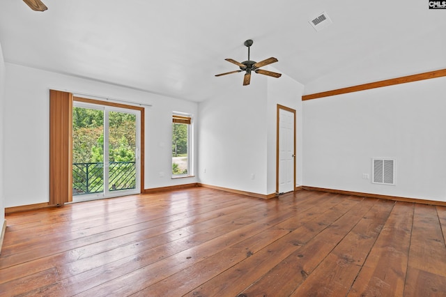 unfurnished room featuring ceiling fan, vaulted ceiling, and hardwood / wood-style floors