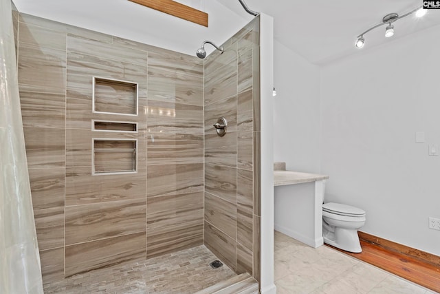 bathroom featuring wood-type flooring, a shower with curtain, and toilet