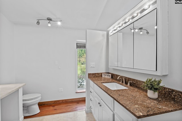 bathroom featuring hardwood / wood-style flooring, vanity, and toilet