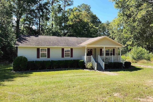 ranch-style house featuring a front yard and a porch