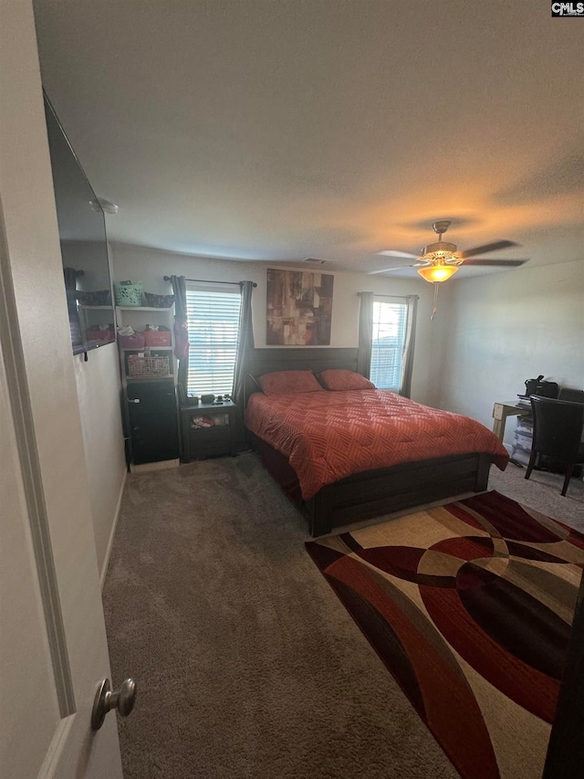 bedroom with multiple windows, ceiling fan, and carpet