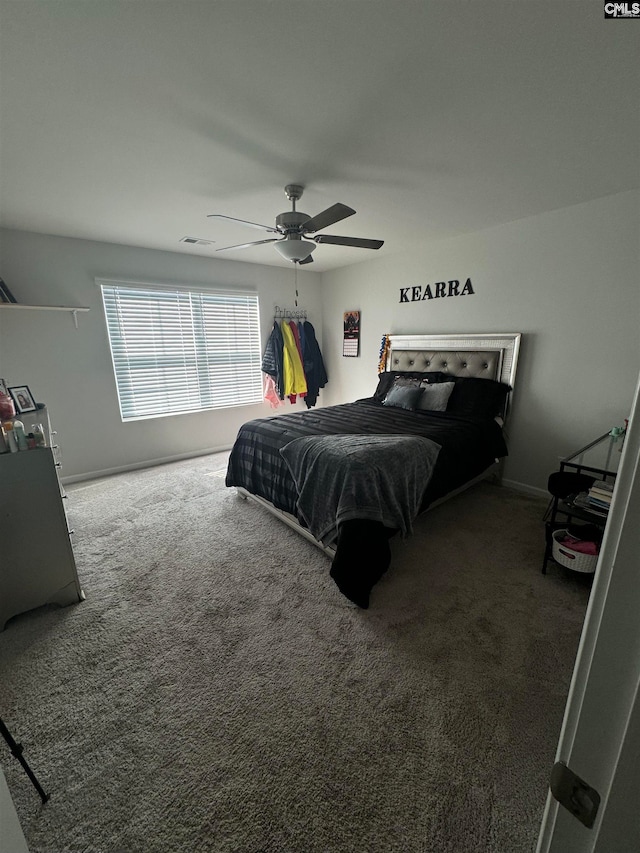 bedroom featuring carpet flooring and ceiling fan