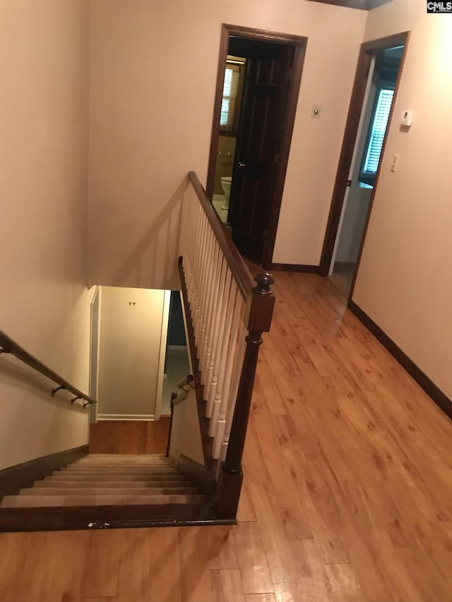 stairs with hardwood / wood-style floors