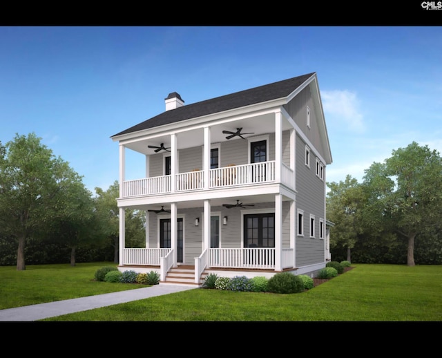 view of front of house featuring ceiling fan, a front yard, a porch, and a balcony