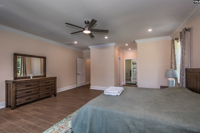 bedroom with ceiling fan, ornamental molding, ensuite bath, and dark wood-type flooring