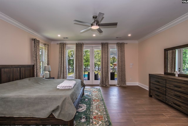 bedroom featuring ceiling fan, ornamental molding, french doors, access to exterior, and hardwood / wood-style floors