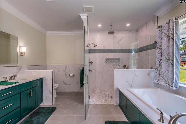 full bathroom featuring plenty of natural light, separate shower and tub, vanity, and toilet