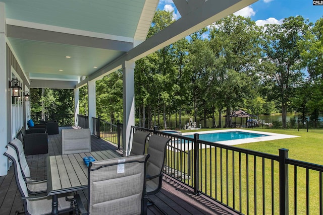 wooden deck with a yard and a fenced in pool