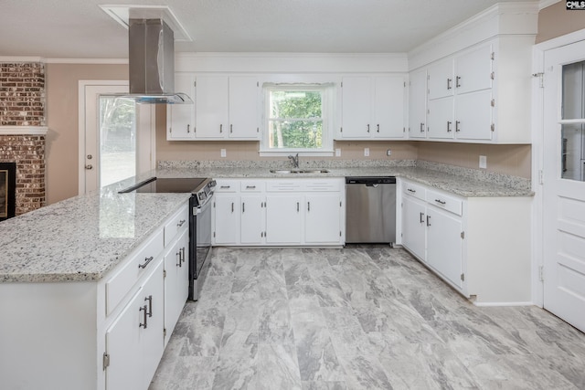 kitchen with stainless steel appliances, light stone countertops, island exhaust hood, and white cabinetry