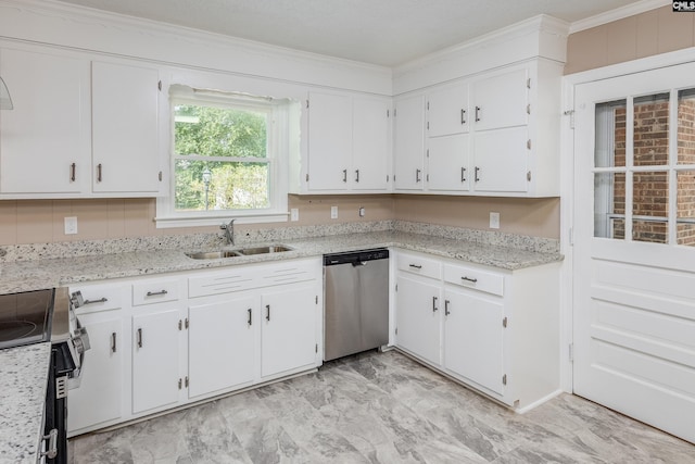 kitchen featuring stainless steel appliances, sink, and white cabinetry