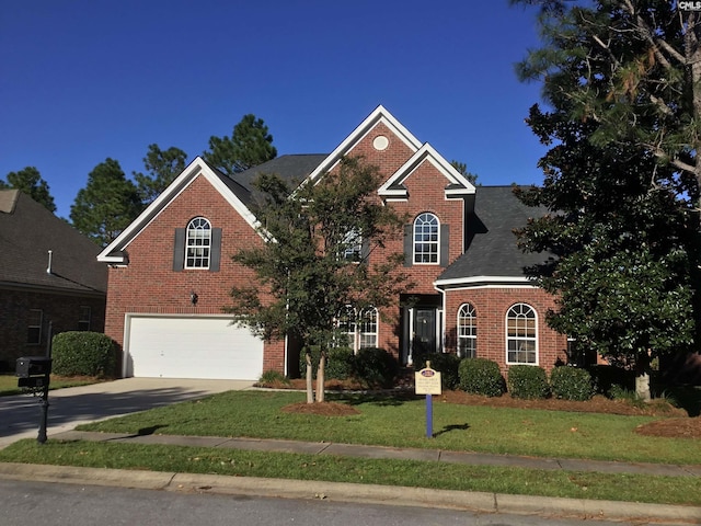 view of front facade featuring a garage and a front lawn