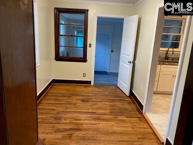 hallway with ornamental molding, sink, and hardwood / wood-style floors