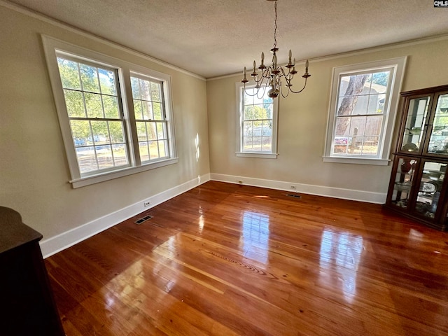 unfurnished dining area with wood-type flooring, a textured ceiling, and a healthy amount of sunlight