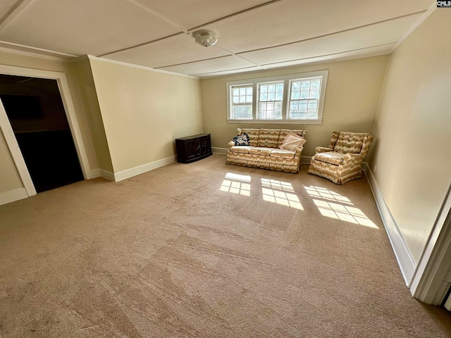 unfurnished room with light colored carpet and ornamental molding