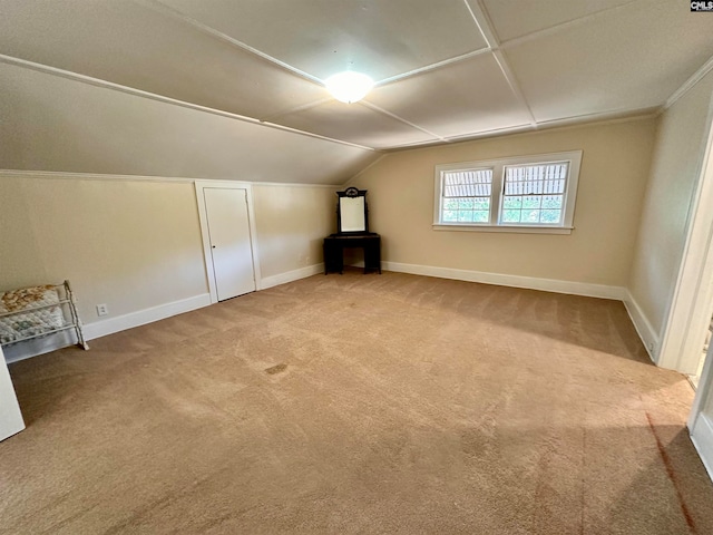 additional living space featuring lofted ceiling and carpet