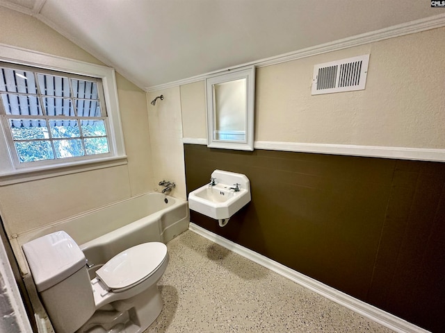 full bathroom with lofted ceiling, sink, shower / bathtub combination, and toilet